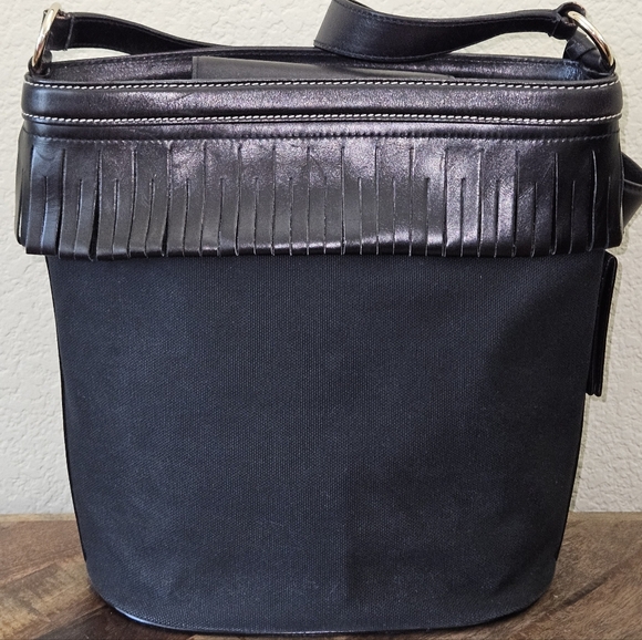 Escada Black Canvas FRINGE Leather Trim Shoulder Bag Interior Snap Closure Inter - Picture 6 of 16
